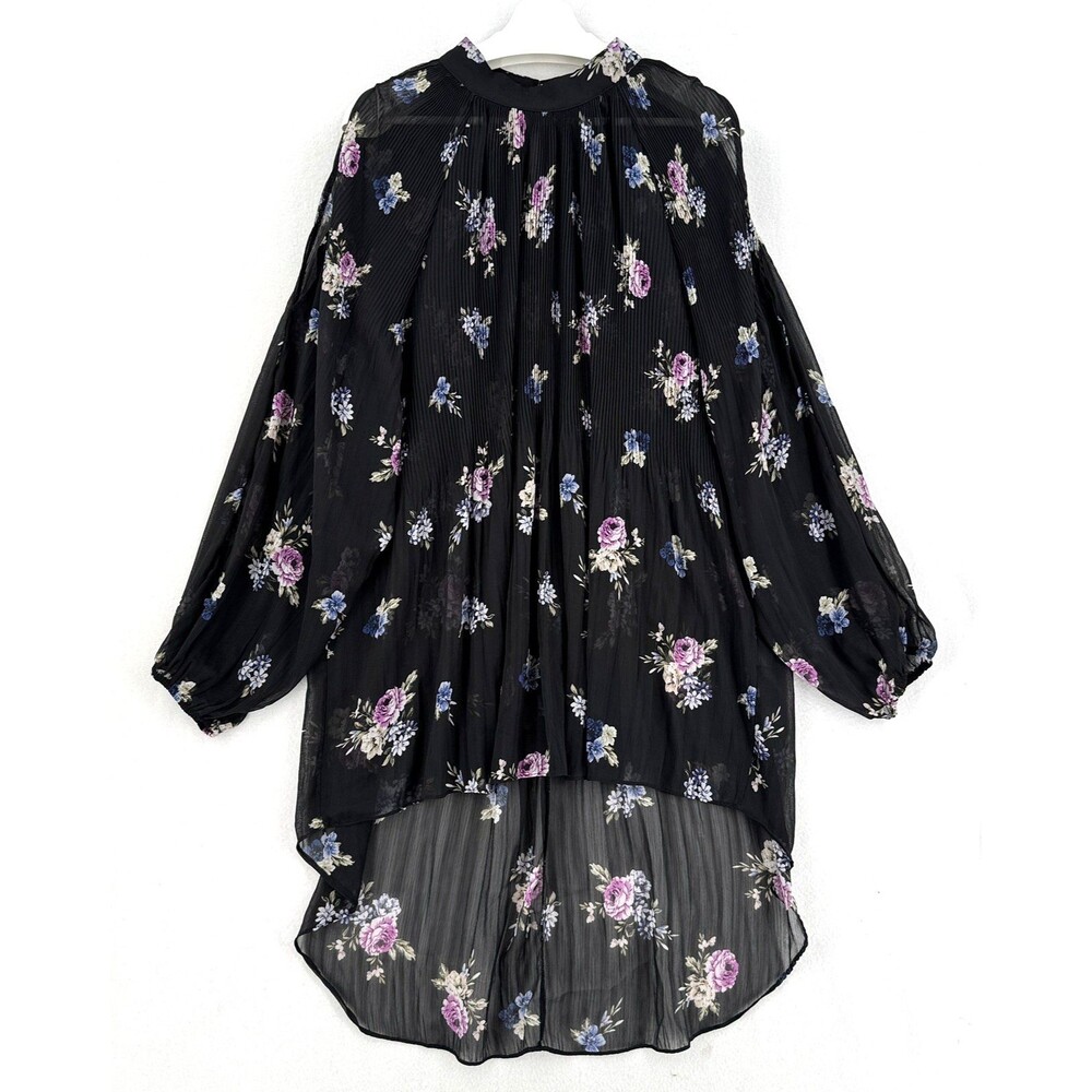 City Chic Floral Sheer Tunic L 20 Black Cold Shoulder Pleated Chiffon Hi Low Top